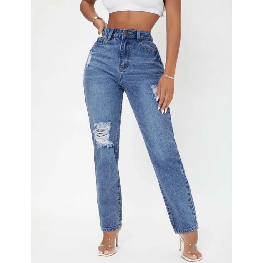 NEW High Rise Ripped Straight Leg Jeans - Picture 6 of 6
